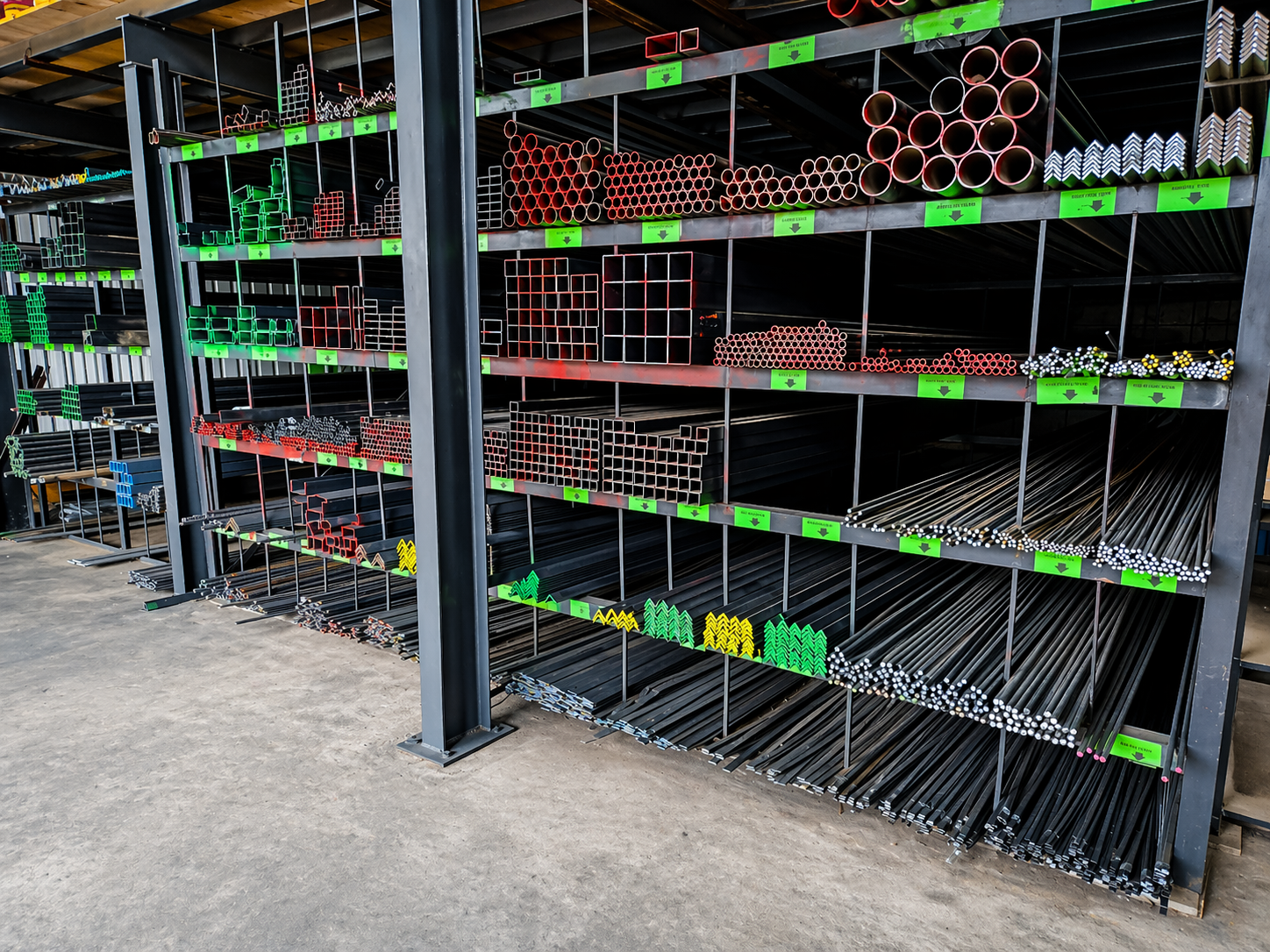 Steel sections and pipes on industrial racking