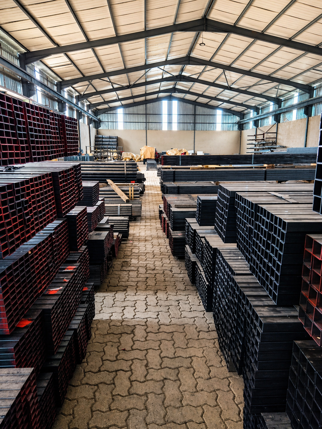Steel square tubing stacked in warehouse