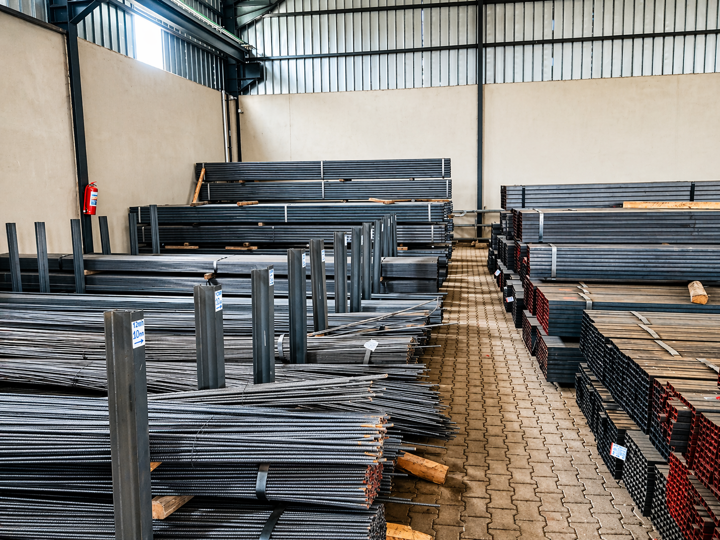 Steel sections and rebar in warehouse
